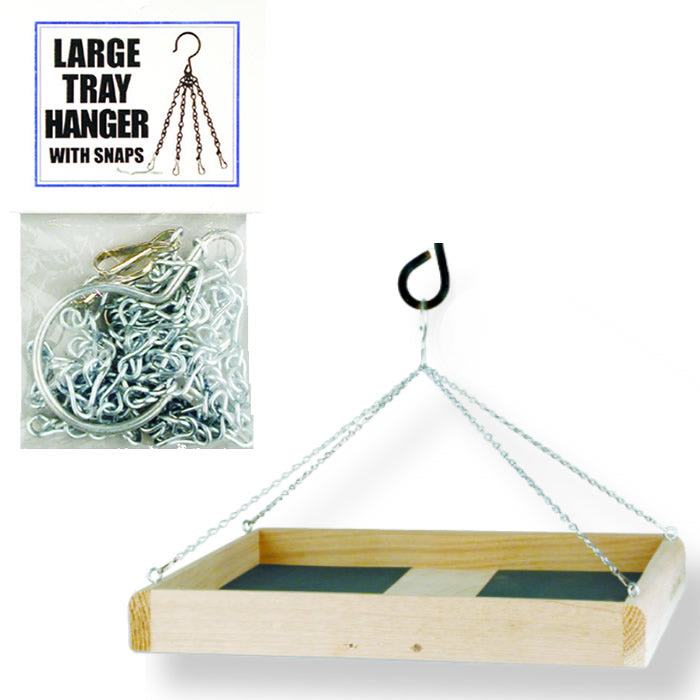 Large Tray Hanger: Close-up showing four 13-inch chains with an S-hook, designed to snap onto platform feeder trays with existing eye hooks.