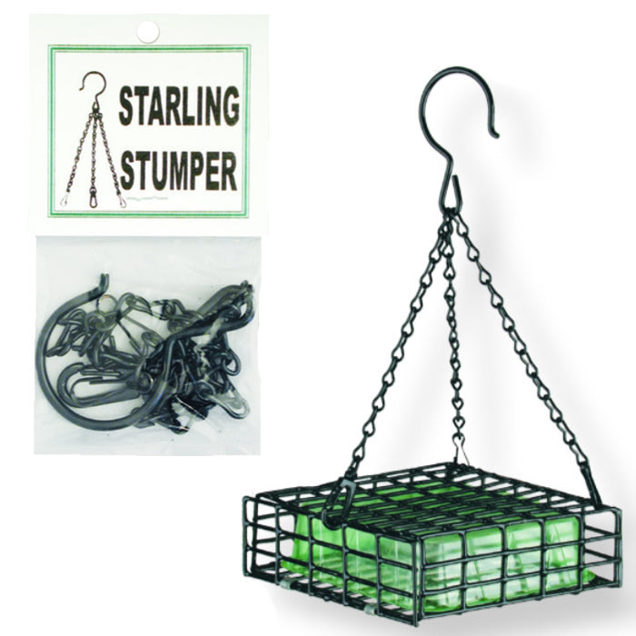 Starling Stumper Hanger, Chain Only: A bird feeder addition with a center S hook, three chains, and metal clips for easy attachment to suet cages.