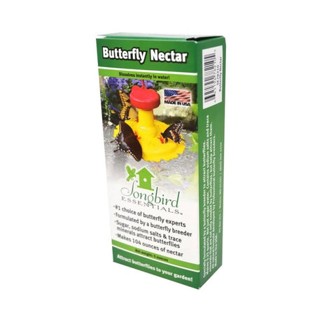 Butterfly Nectar package showing powdered mix for attracting butterflies, features include easy mixing with water and natural ingredients for seasonal feeding.