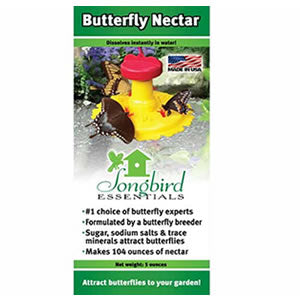 Butterfly Nectar box with a yellow and red feeder, perfect for attracting butterflies. Contains 5 oz. powdered nectar, dissolves easily with water.