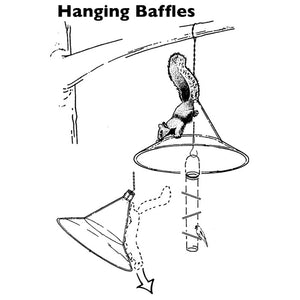 Arundale Squirrel Away Hanging Baffle: illustration of a squirrel on a bird feeder, highlighting the baffle's tilting mechanism to protect bird food from squirrels and weather.