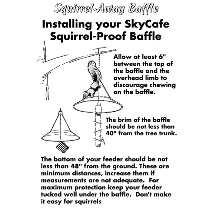 Arundale Squirrel Away Hanging Baffle with tilting mechanism, 17-inch diameter brim, and 24-inch hanging chain to protect bird feeders from squirrels and weather.