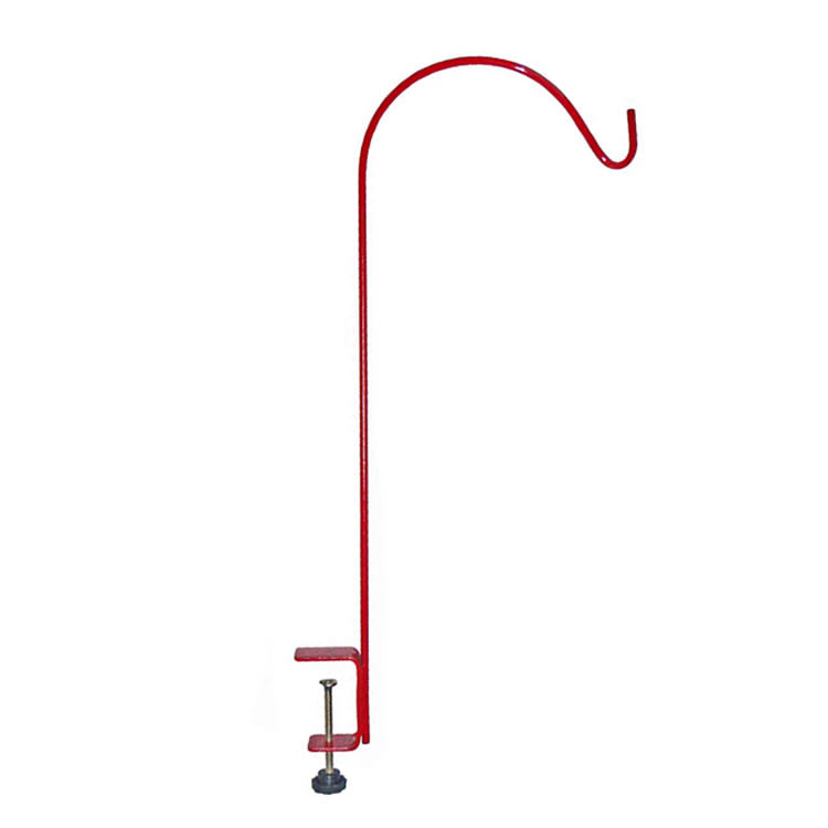 Red Single Clamp on Deck Hanger Fixed Arm, designed for hummingbird feeders, features a sturdy hook and pole for secure deck rail mounting.