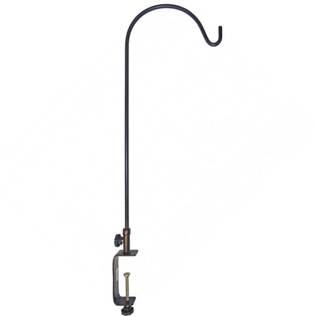 Swing Arm XL Clamp Mount Hanger: a sturdy black hook with a metal rod designed for deck railings, perfect for hanging bird feeders.