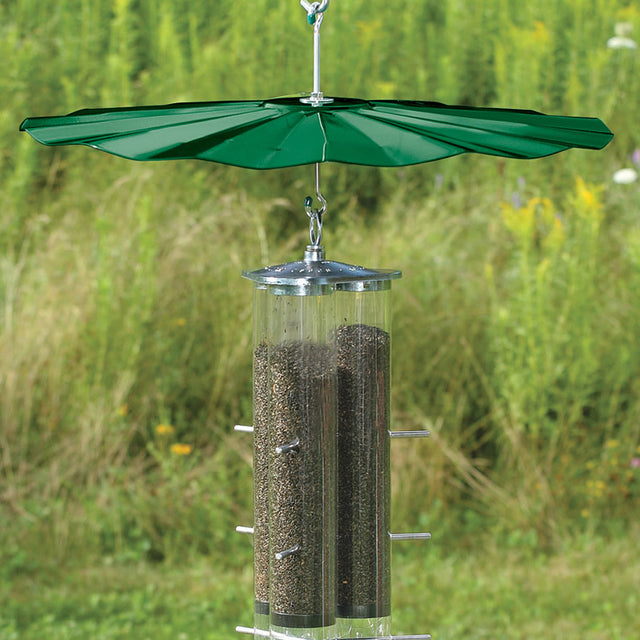 Extra Large Hanging Disk Squirrel Baffle, Green, with a wide, green umbrella-shaped design to keep squirrels from bird feeders, includes hanging hardware.