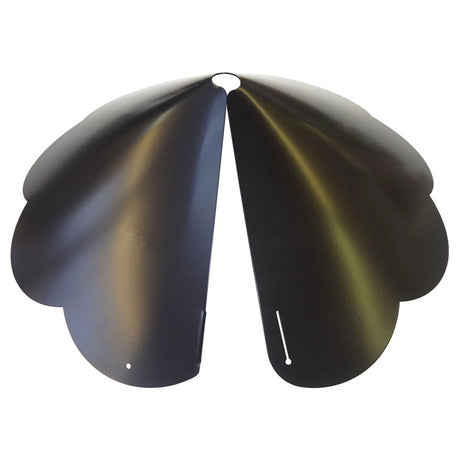 Extra Large Pole Baffle, Black: Two curved, scallop-edged black metal panels form a petal-like guard, protecting bird feeders from squirrels.