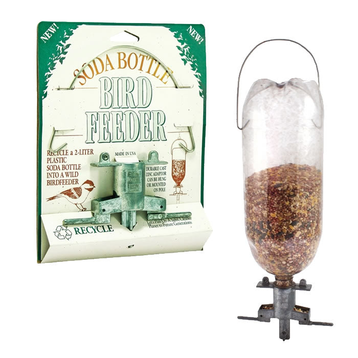 Soda Bottle Bird Feeder, a plastic attachment for 2-liter bottles, transforming them into eco-friendly bird feeders for easy backyard bird-watching.