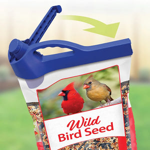 Handle It Bag Clip with built-in funnel and pour spout for easy birdseed storage and pouring.