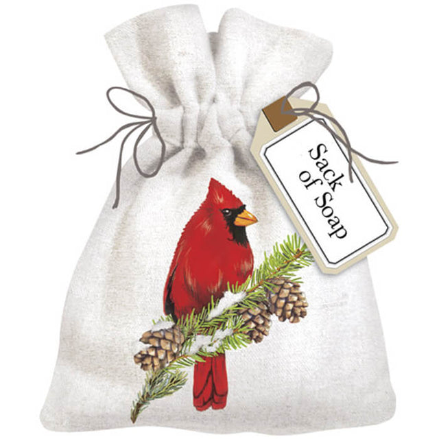 Cardinal On Pine Sack Of Soap: Linen bag with red bird embroidery, containing lily of the valley scented soap. Perfect for gifting.