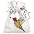 Hummingbird Sack Of Soap: Linen bag with an illustrated bird, containing lily of the valley scented soap. Perfect for gifting.