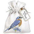 Meadow Bluebird Sack Of Soap: Linen bag with embroidered bluebird on a flower, containing lily of the valley scented soap. Ideal for gifts.