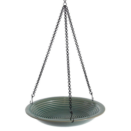 Hanging Circles Bird Bath with a 14-inch jade green stoneware basin and concentric circles. Includes a 34-inch chain with an S-hook for hanging.