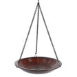 Hanging Circles Bird Bath, Rustic Red, featuring a brown stoneware bowl with concentric circles, black handle, and a 34-inch hanging chain.