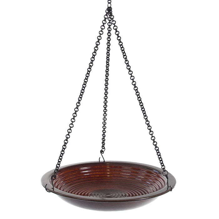 Hanging Circles Bird Bath, Rustic Red, featuring a brown stoneware bowl with concentric circles, black handle, and a 34-inch hanging chain.