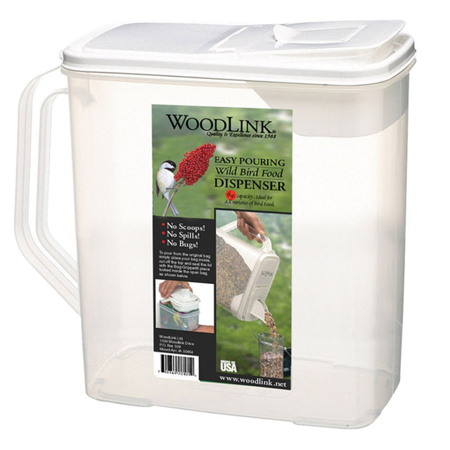 Storage Container, 6 Quart, clear plastic with white lid, dual-pour spout, hand-held, ideal for filling bird feeders.