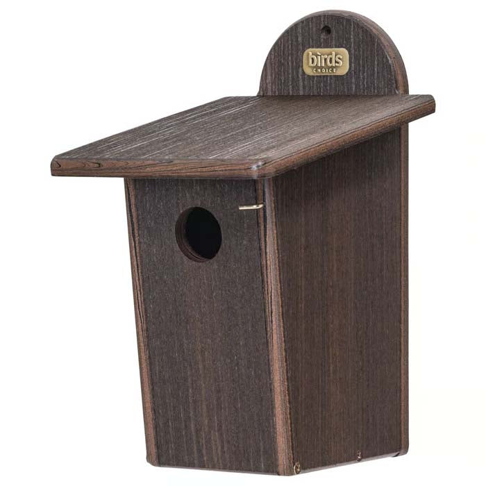 Birds Choice Bluebird House in Brazilian Walnut, featuring a wood grain texture, 1-1/2 inch entrance hole, and easy-access front panel for cleaning.