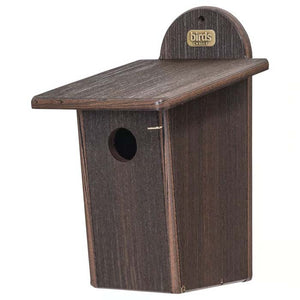 Birds Choice Bluebird House in Brazilian Walnut, featuring a wood grain texture, 1-1/2 inch entrance hole, and easy-access front panel for cleaning.