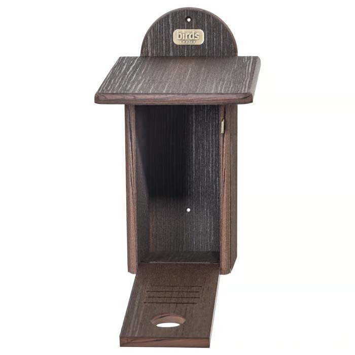 Birds Choice Bluebird House in Brazilian Walnut, featuring a wooden structure with a 1-1/2 inch entrance hole and front panel for easy cleaning.