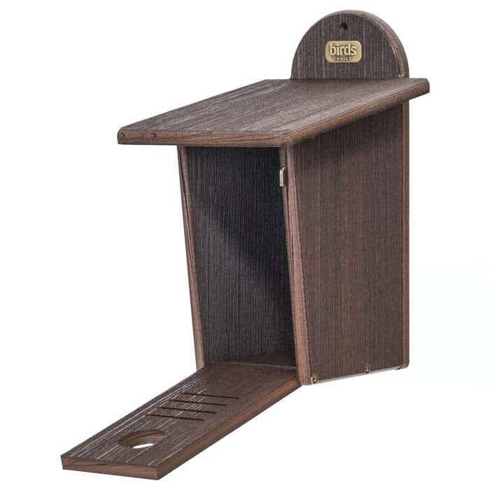 Birds Choice Bluebird House, Brazilian Walnut, features a tapered face, front door panel for easy cleaning, and built-in drainage, ideal for bluebirds, chickadees, and wrens.