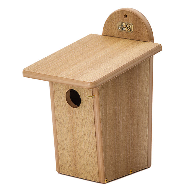 Birds Choice Spruce Creek Bluebird House: wooden birdhouse with a 1-1/2 inch entrance hole, front-opening latch for easy cleaning, and predator-resistant tapered face.