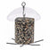 BirdsChoice Seed Cylinder Feeder with Dome, featuring a clear acrylic container, six metal perches, and an eye hook for easy hanging.
