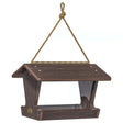 Birds Choice Spruce Creek Hopper Feeder, Brazilian Walnut hanging from a rope, featuring plexi-glass windows and a large landing tray for easy seed monitoring and feeding.