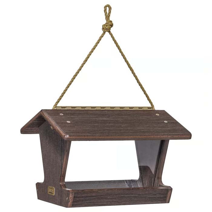 Birds Choice Spruce Creek Hopper Feeder, Brazilian Walnut hanging from a rope, featuring plexi-glass windows and a large landing tray for easy seed monitoring and feeding.