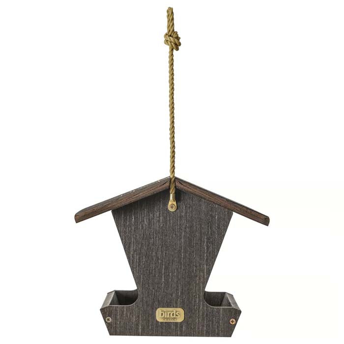 Birds Choice Spruce Creek Hopper Feeder, Brazilian Walnut, with plexiglass windows, wooden roof, metal mesh flooring, and nylon hanging rope with brass hardware.