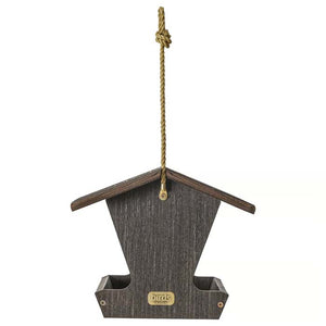 Birds Choice Spruce Creek Hopper Feeder, Brazilian Walnut, with plexiglass windows, wooden roof, metal mesh flooring, and nylon hanging rope with brass hardware.