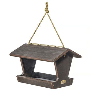 Birds Choice Spruce Creek Hopper Feeder, Brazilian Walnut, with plexi-glass windows, large platform, metal mesh flooring, and nylon hanging rope.