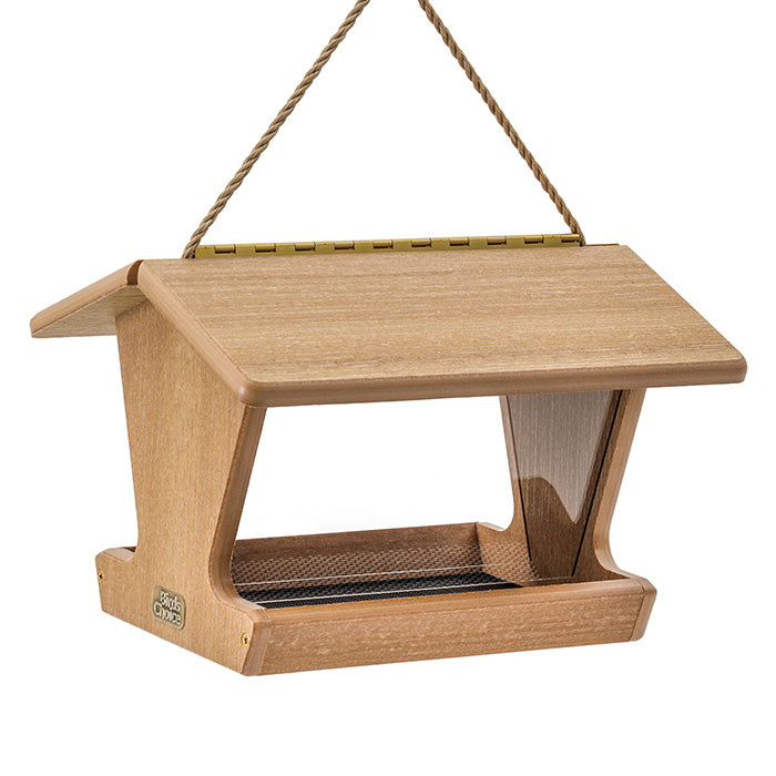 Birds Choice Spruce Creek Hopper Feeder, wooden, with plexi-glass windows, large platform, and metal mesh flooring, hanging from a rope.