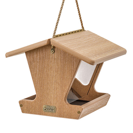 Birds Choice Spruce Creek Hopper Feeder, a wooden bird feeder with a roof and plexi-glass windows, features a large landing tray and metal mesh flooring.