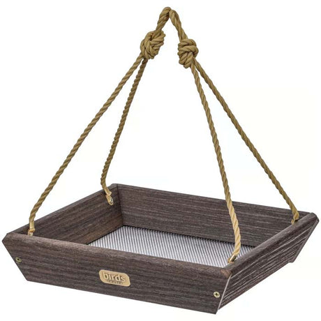 Birds Choice Hanging Tray Bird Feeder, Brazilian Walnut, with a durable rope, stainless steel screen, and large tray for 2 lbs. of seed.