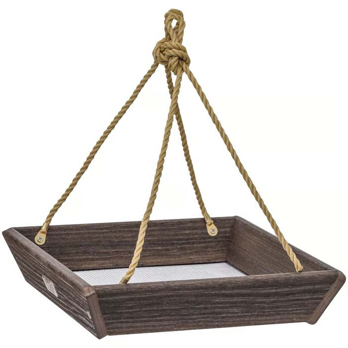 Birds Choice Hanging Tray Bird Feeder in Brazilian Walnut with durable rope, stainless steel screen, and 2 lbs. seed capacity for backyard birds.