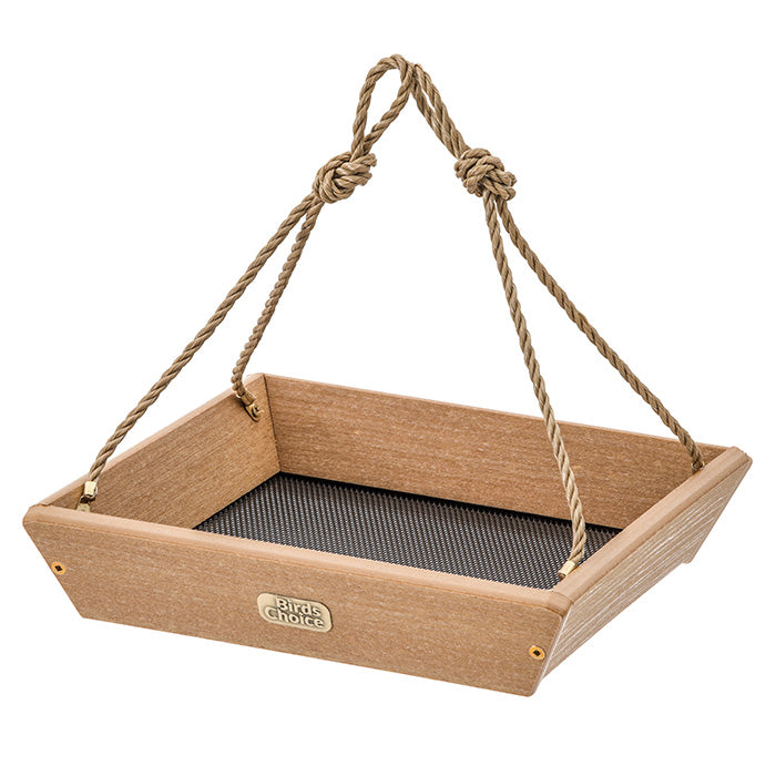 Birds Choice Spruce Creek Hanging Tray Bird Feeder with rope handles, made from recycled plastic, featuring a powder-coated aluminum screen for drainage, and holds up to 2 lbs. of seed.