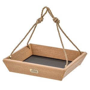 Birds Choice Spruce Creek Hanging Tray Bird Feeder with rope handles, made from recycled plastic, featuring a powder-coated aluminum screen for drainage, and holds up to 2 lbs. of seed.