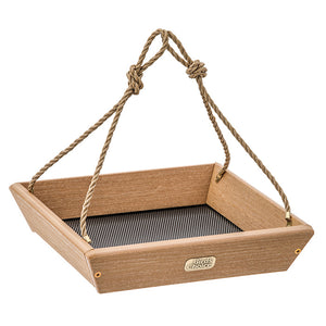 Birds Choice Spruce Creek Hanging Tray Bird Feeder with rope handles, wooden frame, and aluminum screen for drainage, holding up to 2 lbs. of birdseed.