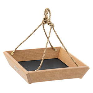 Birds Choice Spruce Creek Hanging Tray Bird Feeder, a wooden box with a rope, designed for bird watching, holds up to 2 lbs. of seed.