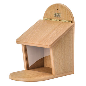 Birds Choice Spruce Creek Squirrel Munch Box Feeder, a wooden bird house with a clear plexi-glass window, perfect for monitoring seed levels easily.