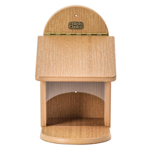 Birds Choice Spruce Creek Squirrel Munch Box Feeder, a wooden feeder with a clear front for monitoring seed levels, designed for easy hanging or pole mounting.