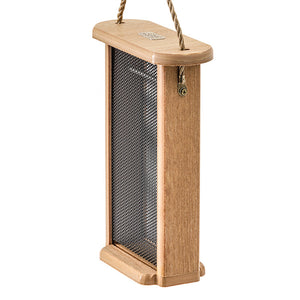 Birds Choice Spruce Creek Tall Finch Feeder: Wooden box with wire mesh, holds 2 lbs of seed, made from recycled plastic with a natural teak finish.