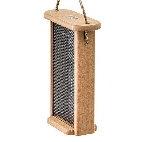 Birds Choice Spruce Creek Tall Finch Feeder: Wooden box with wire mesh, holds 2 lbs of seed, made from recycled plastic with a natural teak finish.