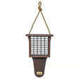 Birds Choice Tail Prop Suet Feeder, Brazilian Walnut, featuring a wooden design, nylon rope, and top-lifting roof for easy suet cake refills.