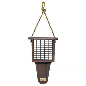 Birds Choice Tail Prop Suet Feeder, Brazilian Walnut, featuring a wooden design, nylon rope, and top-lifting roof for easy suet cake refills.