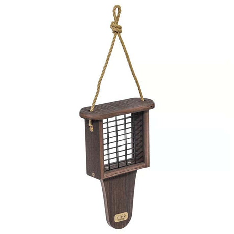 Birds Choice Tail Prop Suet Feeder, Brazilian Walnut, with wire mesh cage, top-lifting roof, and hanging rope for easy refilling and cleaning. Holds one suet cake.