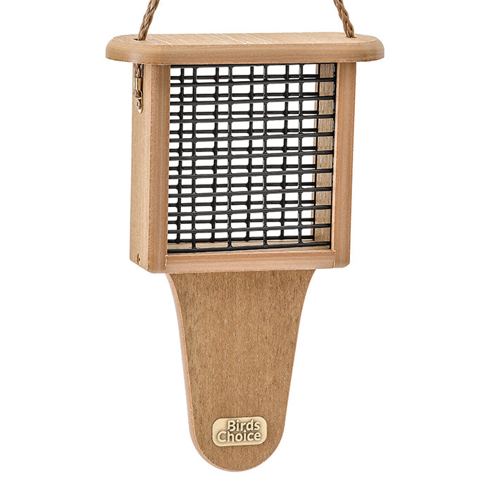 Birds Choice Spruce Creek Tail Prop Suet Feeder, a wooden bird feeder with a black grid, designed to hold one suet cake and attract various birds.