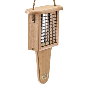 Birds Choice Spruce Creek Tail Prop Suet Feeder, a wooden feeder with black mesh, designed to hold one suet cake for a variety of birds.