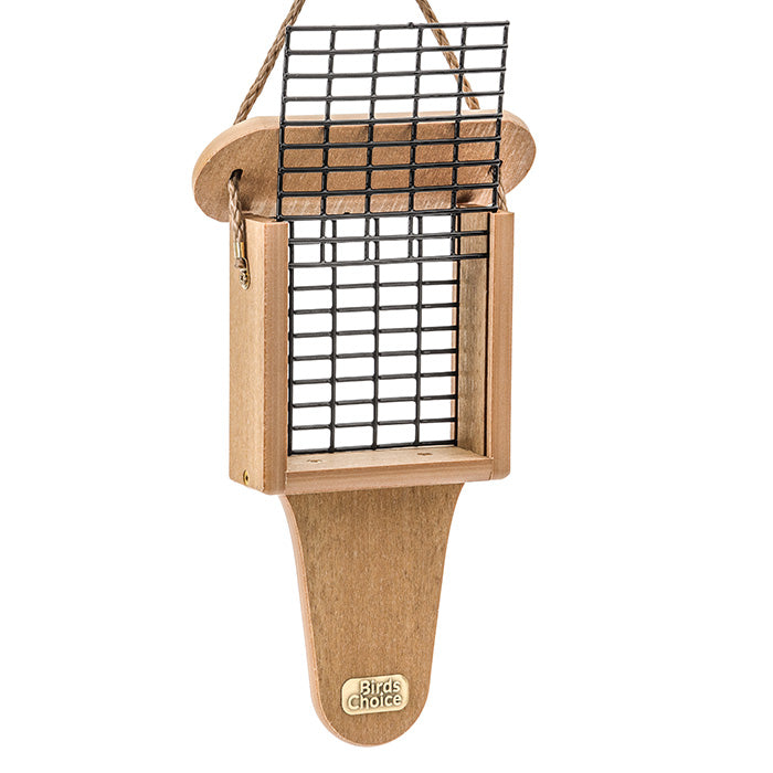 Birds Choice Spruce Creek Tail Prop Suet Feeder: wooden bird feeder with wire mesh, top-lifting roof, holds 1 suet cake, ideal for attracting various birds.