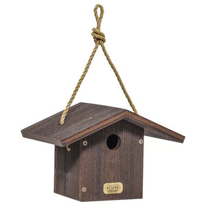 Wren House, Brazilian Walnut: A rustic birdhouse with a 1-1/4 inch entrance hole, hanging by a nylon rope, featuring air vents and a side door for easy cleaning.