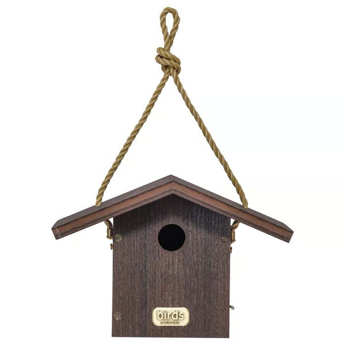 Wren House, Brazilian Walnut, featuring a 1-1/4 inch entrance hole, nylon hanging rope, and side door for easy cleaning.